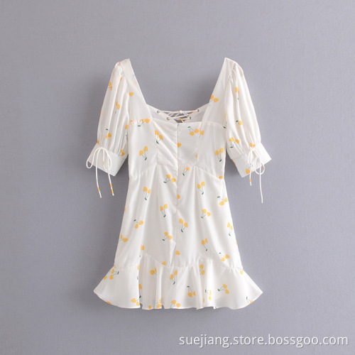 Backless Women's Yellow Cherry Lace-up Mini Dress